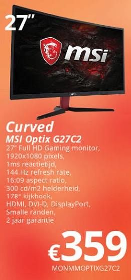 Promoties Msi curved optix g27c2 - MSI - Geldig van 16/05/2018 tot 30/06/2018 bij Compudeals