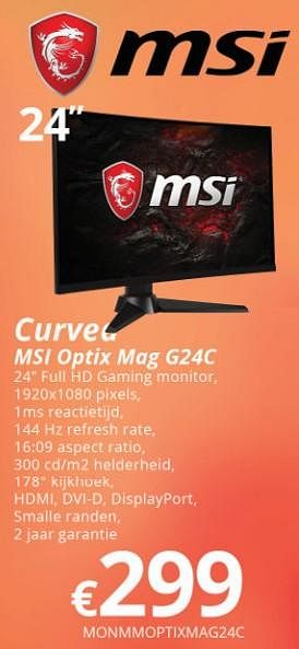 Promoties Msi curved optix mag g24c - MSI - Geldig van 16/05/2018 tot 30/06/2018 bij Compudeals