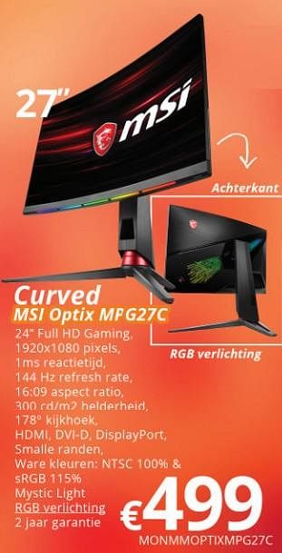 Promoties Msi curved optix mp g27c - MSI - Geldig van 16/05/2018 tot 30/06/2018 bij Compudeals