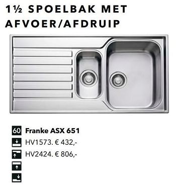 Promoties 1 1-2 spoelbak met afvoer - afdruip franke asx 651 - Franke - Geldig van 18/05/2018 tot 31/12/2018 bij Kvik Keukens