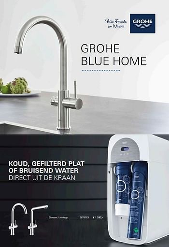Promoties Grohe blue home koud, gefilterd plat of bruisend water direct uit de kraan chroom l-uitloop 2675163 - Grohe - Geldig van 18/05/2018 tot 31/12/2018 bij Kvik Keukens