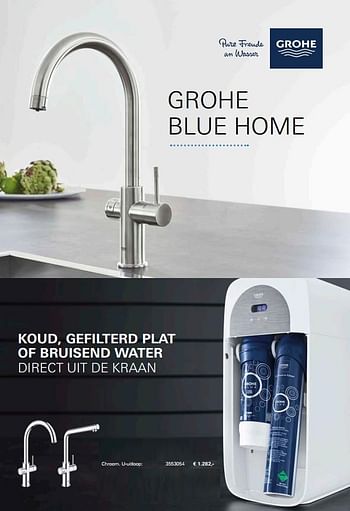 Promoties Grohe blue home koud, gefilterd plat of bruisend water direct uit de kraan chroom u-uitloop 3553054 - Grohe - Geldig van 18/05/2018 tot 31/12/2018 bij Kvik Keukens