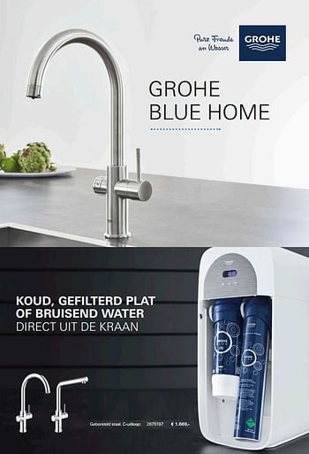 Promoties Grohe blue home koud, gefilterd plat of bruisend water direct uit de kraan geborsteld staal c-uitloop 2675197 - Grohe - Geldig van 18/05/2018 tot 31/12/2018 bij Kvik Keukens