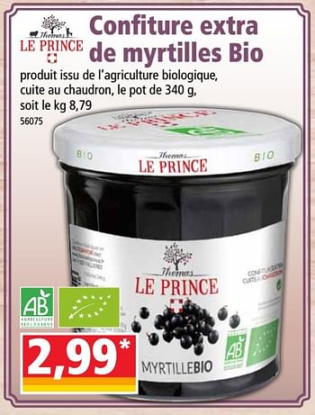 Promotions Confiture extra de myrtilles bio - Le Prince - Valide de 23/05/2018 à 29/05/2018 chez Norma