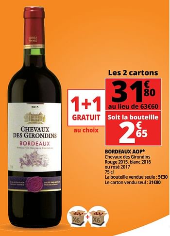 Promotions Bordeaux aop chevaux des girondins rouge 2015, blanc 2016 ou rosé 2017 - Vins rouges - Valide de 23/05/2018 à 29/05/2018 chez Auchan Ronq