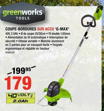 Promotions Greenworks coupe-bordures sur accu g-max - Greenworks - Valide de 17/05/2018 à 27/05/2018 chez HandyHome
