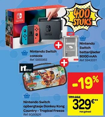 Promoties Nintendo switch console + nintendo switch batterijlader + nintendo switch opbergtasje donkey kong country - tropical freeze - Nintendo - Geldig van 23/05/2018 tot 04/06/2018 bij Carrefour