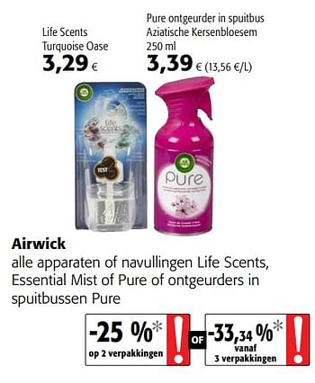 Promoties Airwick alle apparaten of navullingen life scents, essential mist of pure of ontgeurders in spuitbussen pure - Airwick - Geldig van 23/05/2018 tot 05/06/2018 bij Colruyt
