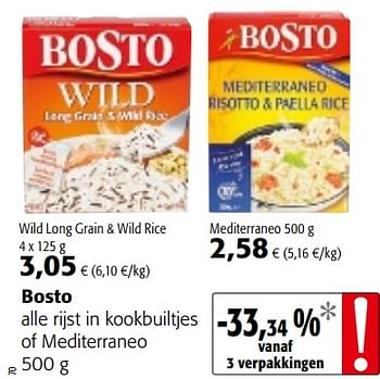 Promotions Bosto alle rijst in kookbuiltjes of mediterraneo - Bosto - Valide de 23/05/2018 à 05/06/2018 chez Colruyt
