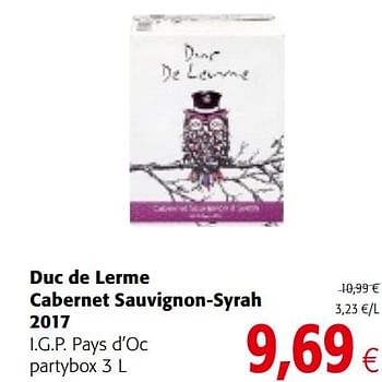 Promotions Duc de lerme cabernet sauvignon-syrah 2017 i.g.p. pays d`oc partybox - Vins rouges - Valide de 23/05/2018 à 05/06/2018 chez Colruyt