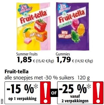 Promoties Fruit-tella alle snoepjes met suikers - Fruittella - Geldig van 23/05/2018 tot 05/06/2018 bij Colruyt