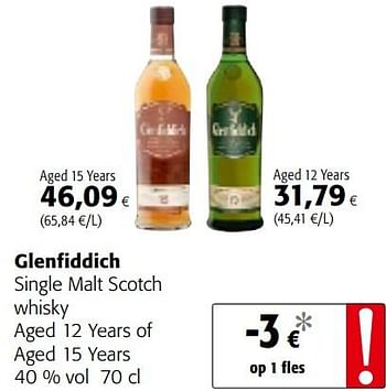 Promotions Glenfiddich single malt scotch whisky aged 12 years of aged 15 years - Glenfiddich - Valide de 23/05/2018 à 05/06/2018 chez Colruyt