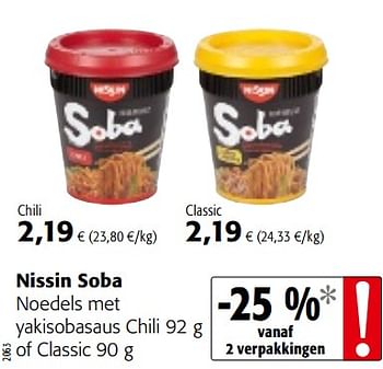 Promoties Nissin soba noedels met yakisobasaus chili of classic - Nissin - Geldig van 23/05/2018 tot 05/06/2018 bij Colruyt