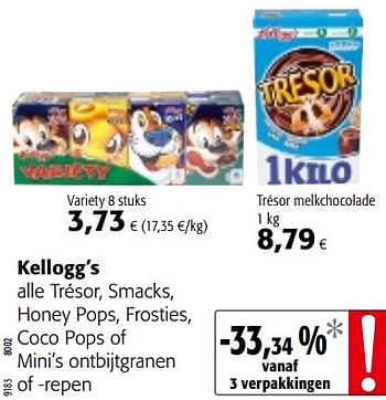 Promoties Kellogg`s alle trésor, smacks, honey pops, frosties, coco pops of mini`s ontbijtgranen of -repen - Kellogg's - Geldig van 23/05/2018 tot 05/06/2018 bij Colruyt