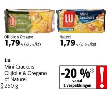 Promotions Lu mini crackers olijfolie + oregano of naturel - Lu - Valide de 23/05/2018 à 05/06/2018 chez Colruyt