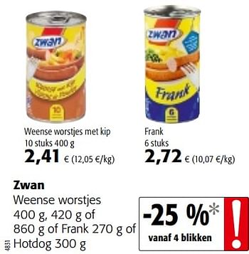Promoties Zwan weense worstjes of frank of hotdog - Zwan - Geldig van 23/05/2018 tot 05/06/2018 bij Colruyt