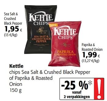 Promoties Kettle chips sea salt + crushed black pepper of paprika + roasted onion - Kettle - Geldig van 23/05/2018 tot 05/06/2018 bij Colruyt