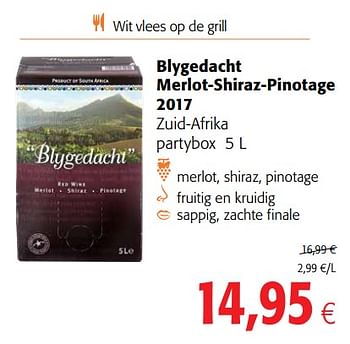 Promotions Blygedacht merlot-shiraz-pinotage 2017 zuid-afrika partybox - Vins rouges - Valide de 23/05/2018 à 05/06/2018 chez Colruyt