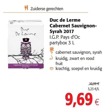 Promoties Duc de lerme cabernet sauvignonsyrah 2017 i.g.p. pays d`oc partybox - Rode wijnen - Geldig van 23/05/2018 tot 05/06/2018 bij Colruyt