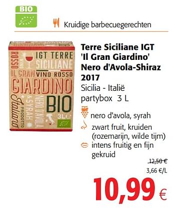 Promotions Terre siciliane igt `il gran giardino` nero d`avola-shiraz 2017 sicilia - italië partybox - Vins rouges - Valide de 23/05/2018 à 05/06/2018 chez Colruyt
