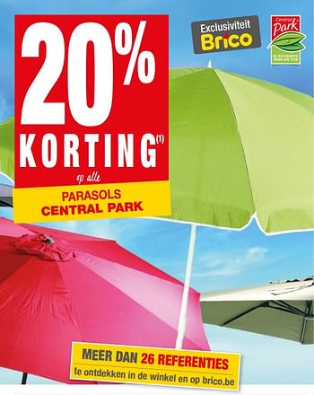 Promoties 20% korting op alle parasols central park - Central Park - Geldig van 30/05/2018 tot 11/06/2018 bij Brico