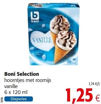 Promotions Boni selection hoorntjes met roomijs vanille - Boni - Valide de 23/05/2018 à 05/06/2018 chez Colruyt