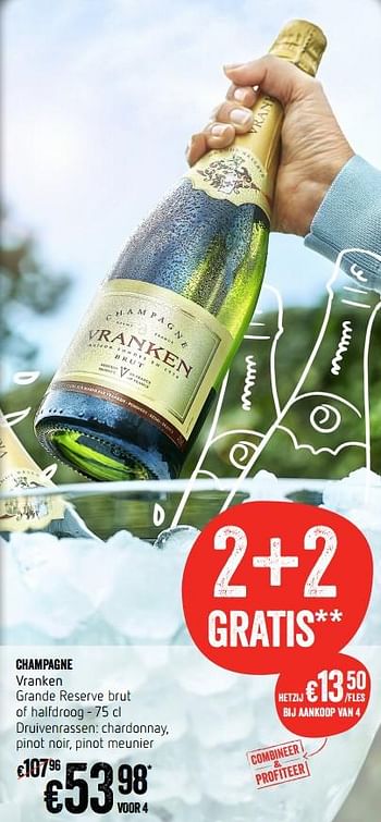 Promoties Champagne vranken grande reserve brut of halfdroog druivenrassen: chardonnay, pinot noir, pinot meunier - Champagne - Geldig van 24/05/2018 tot 30/05/2018 bij Delhaize