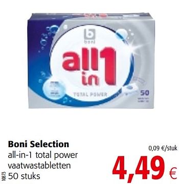 Promotions Boni selection all-in-1 total power vaatwastabletten - Boni - Valide de 23/05/2018 à 05/06/2018 chez Colruyt