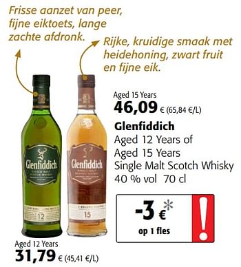 Promotions Glenfiddich aged 12 years of aged 15 years single malt scotch whisky - Glenfiddich - Valide de 23/05/2018 à 05/06/2018 chez Colruyt