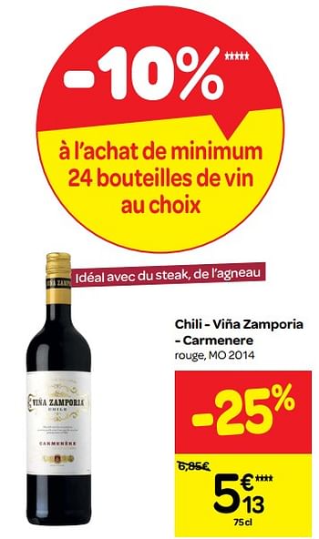 Promotions Chili - viña zamporia - carmenere rouge, mo 2014 - Vins rouges - Valide de 23/05/2018 à 04/06/2018 chez Carrefour