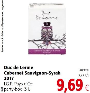Promoties Duc de lerme cabernet sauvignon-syrah 2017 i.g.p. pays d`oc party-box - Rode wijnen - Geldig van 23/05/2018 tot 05/06/2018 bij Colruyt