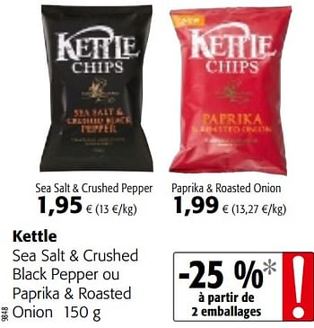 Promotions Kettle sea salt + crushed black pepper ou paprika + roasted onion - Kettle - Valide de 23/05/2018 à 05/06/2018 chez Colruyt