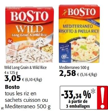 Promoties Bosto tous les riz en sachets cuisson ou mediterraneo - Bosto - Geldig van 23/05/2018 tot 05/06/2018 bij Colruyt