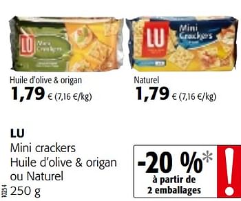 Promotions Lu mini crackers huile d`olive + origan ou naturel - Lu - Valide de 23/05/2018 à 05/06/2018 chez Colruyt