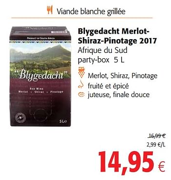Promotions Blygedacht merlotshiraz-pinotage 2017 afrique du sud party-box - Vins rouges - Valide de 23/05/2018 à 05/06/2018 chez Colruyt