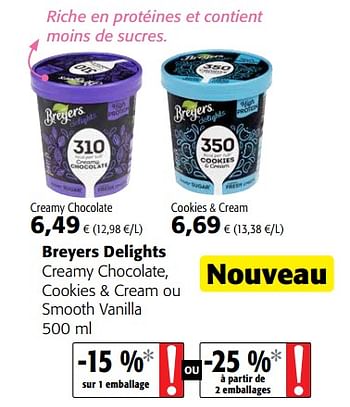 Promotions Breyers delights creamy chocolate, cookies + cream ou smooth vanilla - Produit maison - Colruyt - Valide de 23/05/2018 à 05/06/2018 chez Colruyt