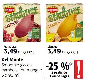 Promotions Del monte smoothie glaces framboise ou mangue - Del Monte - Valide de 23/05/2018 à 05/06/2018 chez Colruyt