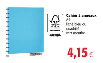 Promoties Cahier à anneaux a4 ligné bleu ou quadrillé vert menthe - Kangourou - Geldig van 23/05/2018 tot 05/06/2018 bij Colruyt