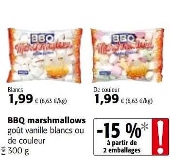 Promoties Bbq marshmallows goût vanille blancs ou de couleur - Huismerk - Colruyt - Geldig van 23/05/2018 tot 05/06/2018 bij Colruyt
