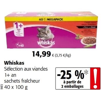 Promotions Whiskas sélection aux viandes 1+ an sachets fraîcheur - Whiskas - Valide de 23/05/2018 à 05/06/2018 chez Colruyt