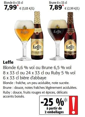 Promotions Leffe blonde 6,6 % vol ou brune 6,5 % vol ou ruby 5 % vol bière d`abbaye - Leffe - Valide de 23/05/2018 à 05/06/2018 chez Colruyt