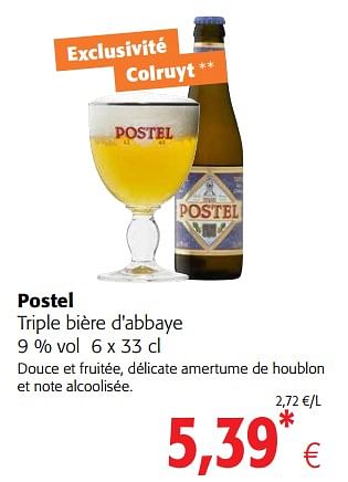 Promotions Postel triple bière d`abbaye - Postel - Valide de 23/05/2018 à 05/06/2018 chez Colruyt