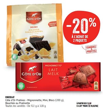Promotions Chocolat côte d`or pralines - mignonnette, mini, blocs, bouchée ou pralinette - Cote D'Or - Valide de 24/05/2018 à 30/05/2018 chez Delhaize