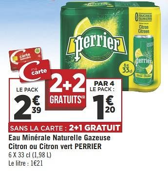 Promoties Eau minérale naturelle gazeuse citron ou citron vert perrier - Perrier - Geldig van 22/05/2018 tot 03/06/2018 bij Géant Casino