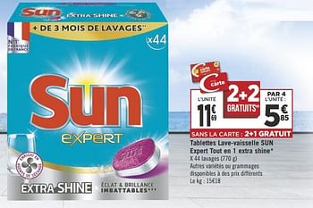 Promoties Tablettes lave-vaisselle sun expert tout en 1 extra shine - Sun - Geldig van 22/05/2018 tot 03/06/2018 bij Géant Casino