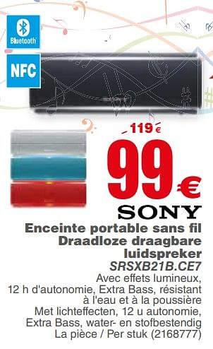 Promoties Sony enceinte portable sans fil draadloze draagbare luidspreker srsxb21b.ce7 - Sony - Geldig van 29/05/2018 tot 11/06/2018 bij Cora