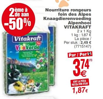 Promotions Nourriture rongeurs foin des alpes knaagdierenvoeding alpenhooi vitakraft - Vitakraft - Valide de 29/05/2018 à 11/06/2018 chez Cora