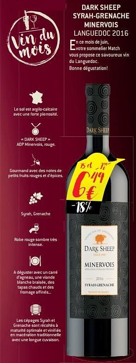 Promoties Dark sheep syrah-grenache minervois languedoc 2016 - Rode wijnen - Geldig van 30/05/2018 tot 05/06/2018 bij Match
