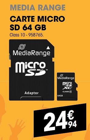 Promotions Mediarange carte micro sd 64 gb class 10 - Mediarange - Valide de 30/05/2018 à 23/06/2018 chez Electro Depot