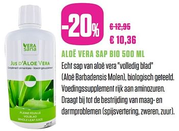 Promoties Aloë vera sap bio - Vera Sana - Geldig van 31/05/2018 tot 31/08/2018 bij Medi-Market